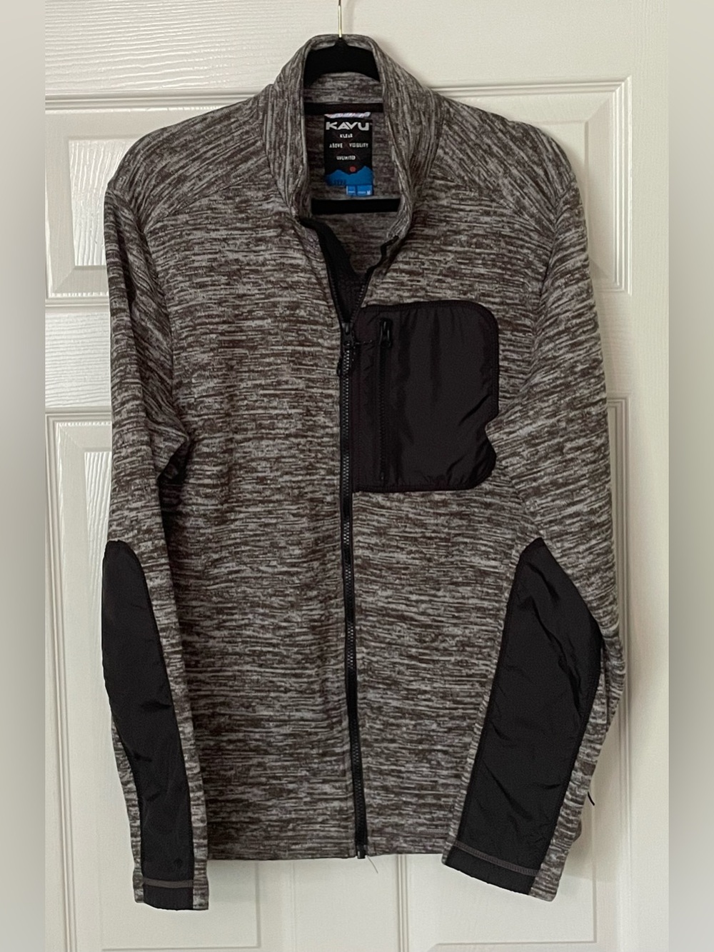 KAVU Full-Zip Fleece Jacket Marble Gray Knit Pattern w/Black Pocket Mens Medium